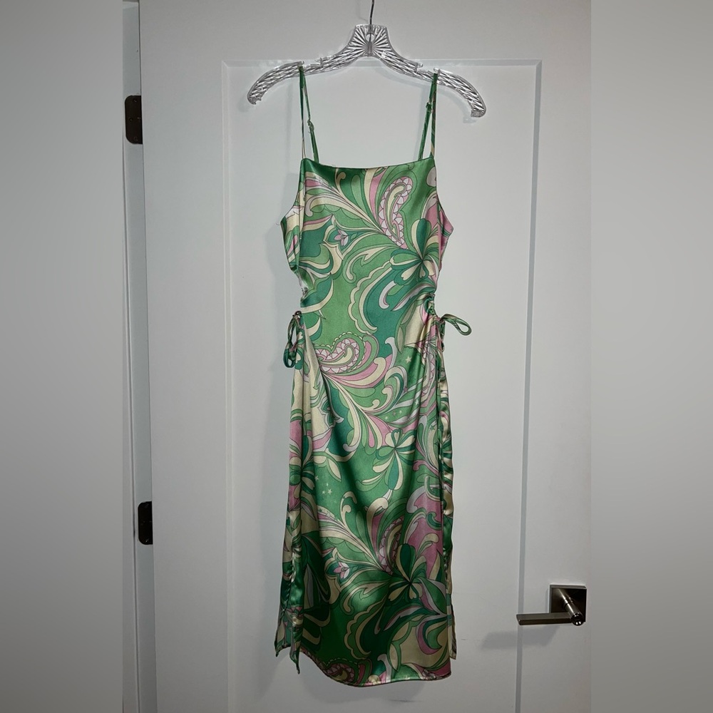 Christian Lacroix Green+Pink Dress with Paisley and Star Print, Cut-Out Details